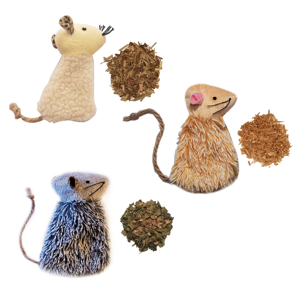 Catnip Alternative Sample Pack 3 Refillable Mice Stuffed with